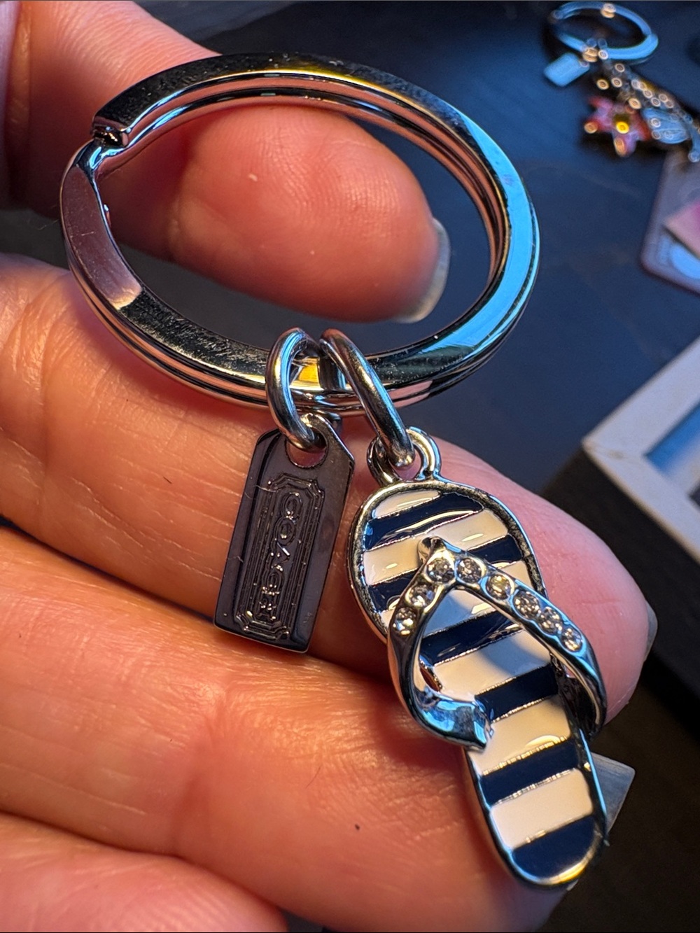 Coach Mini Navy & White Striped Flip Flop Keyring with Crystal Accents